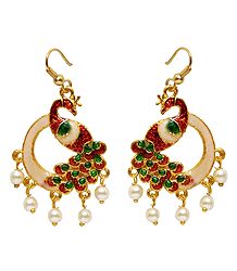 Light Cream with Green and Red Meenakari Peacock Metal Earrings