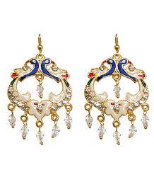 White Stone Studded Metal Meenakari Peacock Earrings