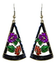 Traingle Metal Earrings with Multicolor Laquered Flowers