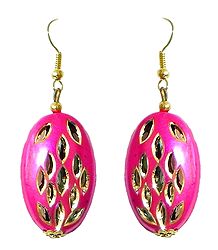 Oval Shaped Magenta Metal Earrings