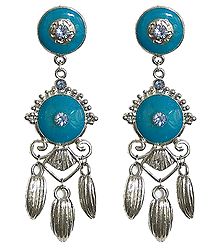 Metal Dangle Earrings with Blue Stone