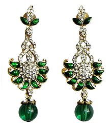 White Stone Studded Post Earrings with Green Laquered Paisley Design