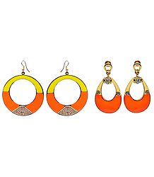 Set of 2 Pairs Saffron with Yellow Metal Hoop Earrings