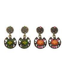 2 Pairs of Stone Studded Oxidised Metal Dangle Earrings