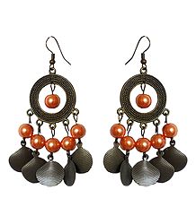 Metal Hoop Earrings with Peach Color Beads
