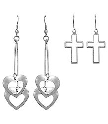 Set of 2 Pairs Metal Heart and Cross Earrings