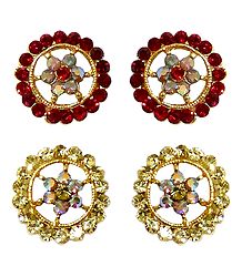 Set of 2 Pairs White and Red Stone Studded Stud Earrings