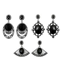Set of 3 Pairs Black Stone Studded Dangle Earrings
