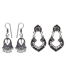 Set of 2 Pairs Oxidised Carved Metal Dangle Earrings