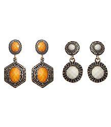 Set of 2 Pairs Oxidised Metal Dangle Earrings with Yellow and White Stone