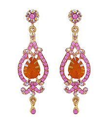 Orange and Magenta Stone Studded Dangle Metal Earrings