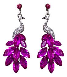 White and Magenta Stone Studded Metal Peacock Earrings
