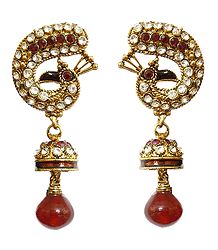 White and Maroon Stone Studded Peacock Earrings