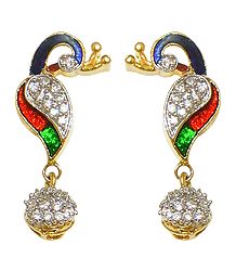 White Stone Studded Lacquered Metal Peacock Earrings