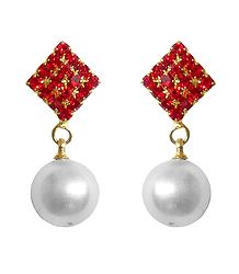 Faux Ruby with Pearl Dangle Earrings