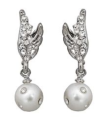 White Stone Studded Faux Pearl Dangle Earrings