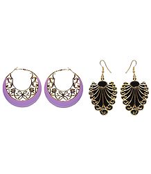 Set of 2 Pairs Black Acrylic Leaf Earrings and Mauve Hoop Earrings
