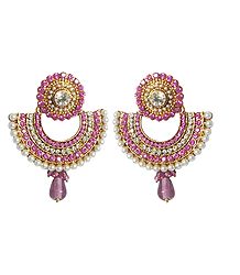 White and Pink Stone Studded Earrings with White Beads