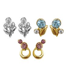Set of 3 Pairs White, Blue and Peach Stone Studded Earrings