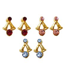 Set of 3 Pairs of Red, Pink and Blue Stone Studded Small Earrings
