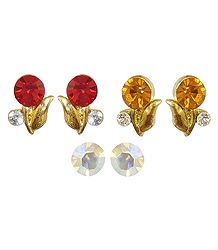 Set of 3 Pairs Red, Yellow, White Stone Studded Earrings