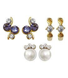 Set of 3 Pairs Purple, White Stone Studded Earrings