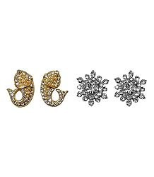 Set of 2 Pairs White Stone Studded Flower and Fish Stud Earrings