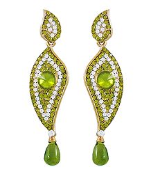 White and Green Stone Studded Metal Dangle Earrings