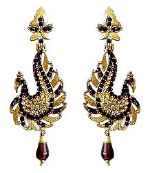 Maroon and Yellow Stone Studded Peacock Post Earrings