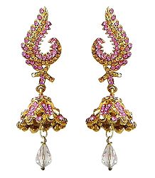 Pink and Yellow Stone Studded Metal Jhumka Earrings