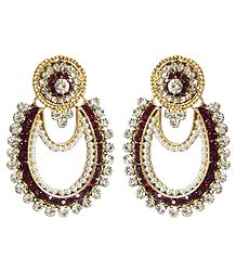 White and Maroon Stone Studded Earrings with White Beads