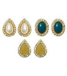 Set of 3 Pairs White Stone Studded Stud Earrings