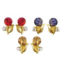 Set of 3 Pairs of Red, Light Brown and Purple Stone Studed Earrings