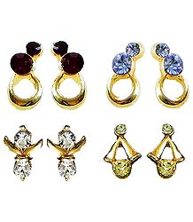 Blue, White, Maroon, Yellow Stone Studded Earrings - Set of 4 Pairs 