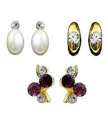 White, Purple Stone Studded Earrings - Set of 3 Pairs 