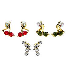 Set of 3 Pairs Red,Green and White Stone Studed Earrings