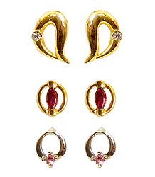 3 Pairs of White,Magenta and Pink Stone Studed Metal Earrings