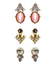 3 Pairs of White, Black and Pink Stone Studded Metal Stud Earrings