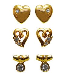 3 Pairs of White Stone Studded Metal Stud Earrings