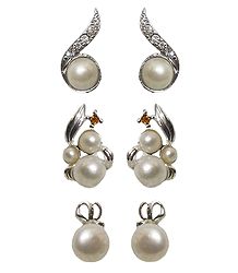 3 Pairs of Metal Stud Earrings with White Bead