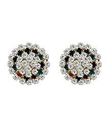 White, Green, Red Stone Studded Metal Stud Earrings