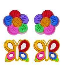 2 Pairs of Rubber Flower and Butterfly Stud Earrings