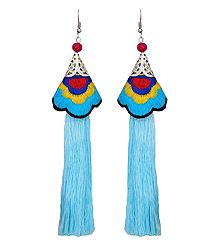 Embroidered Light Blue Silk Thread Earrings