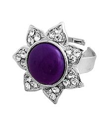 White and Dark Purple Stone Studded Metal Ring