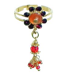 Saffron and Maroon Stone Studdd Adjustable Ring with Beaded Jhalar
