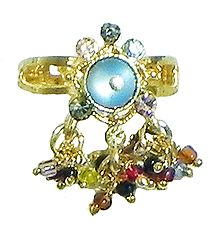 Blue Stone Studdd Adjustable Ring with Beaded Jhalar