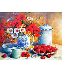 Bunch of Red Poppy and White Daisy Flowers with a Plate of Cherries