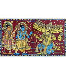 Rama and Lakshmana at War with Ten Headed Ravana - Kalamkari Painting