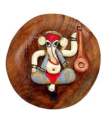 Stone Dust Musician Ganesha on Wooden Base - Magnet