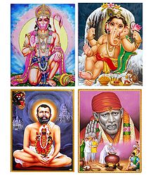 Ganesha, Hanuman, Ramakrishnadev and Shirdi Sai Baba - Set of 4 Unframed Posters